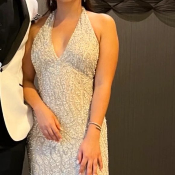 Sherri Hill White/Silver Beaded Formal Dress